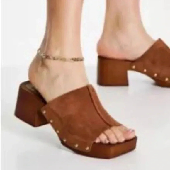 Asos Design |  BROWN Suede Clogs Mules with Antique Gold Tone Studs - Picture 11 of 11